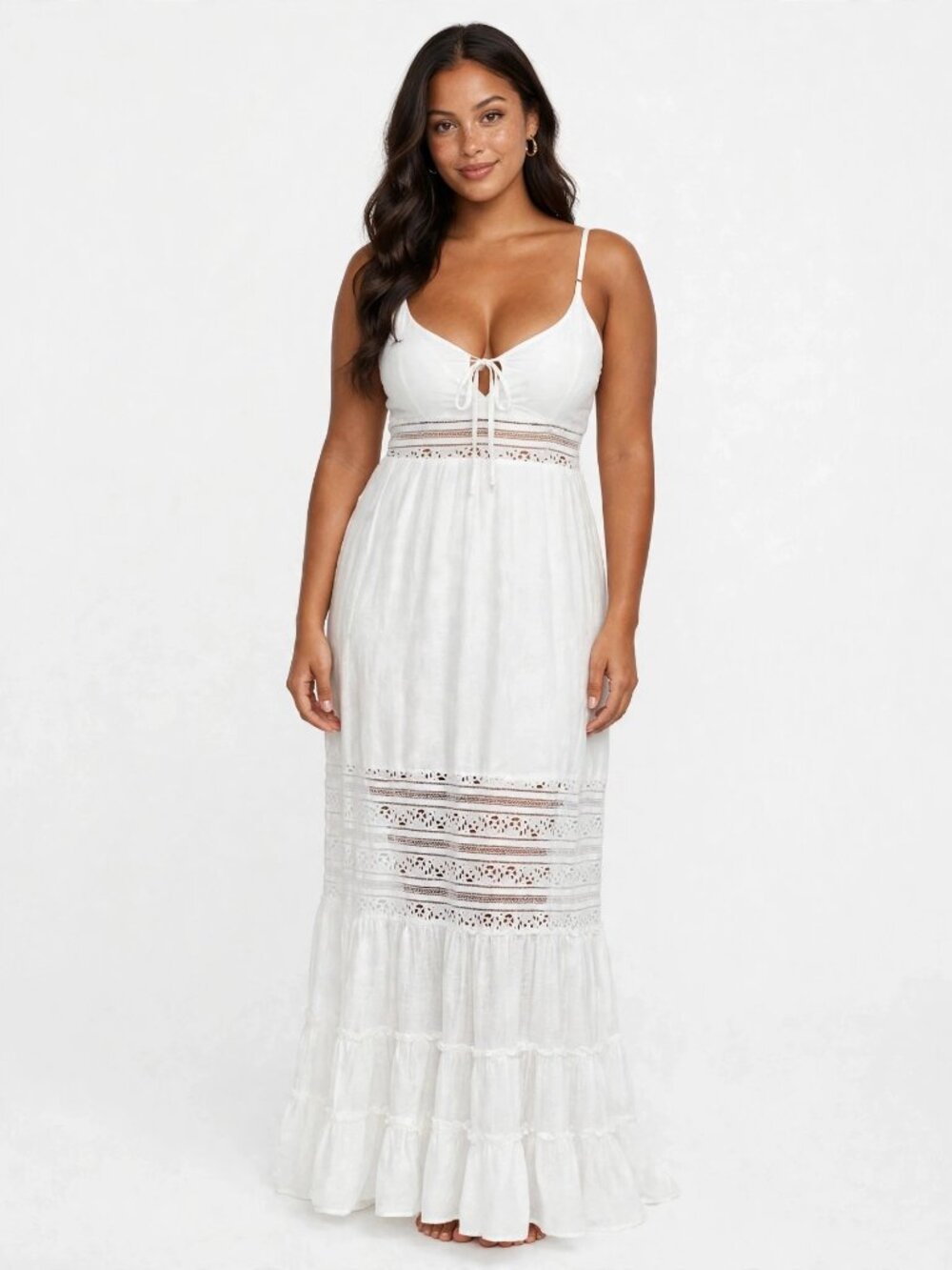 Sabina Musayev White Eyelet Lace Maxi Dress L Tie-Front Button-Back